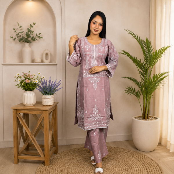 Nude Rose // Premium Embroidery Work Slub Cotton Fabric // Co-Ord’s 2PCS Set