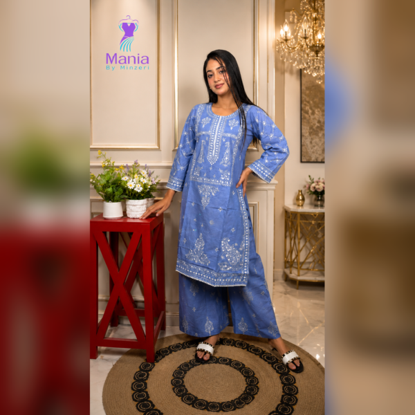 Crystal Blue // Premium Embroidery Work Slub Cotton Fabric // Co-Ord’s 2PCS Set