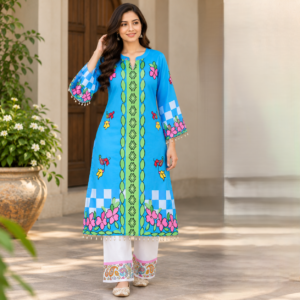 Sky blue multicolor printed co-ord set for women with matching wide-leg trousers