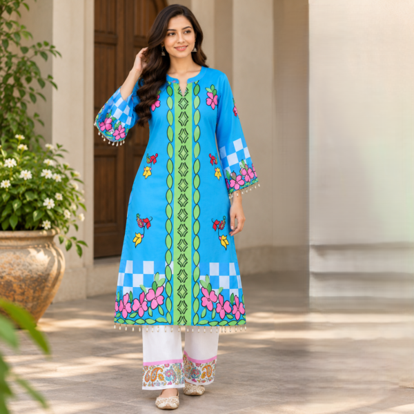 Sky blue multicolor printed co-ord set for women with matching wide-leg trousers Sky blue multicolor printed co-ord set for women with matching wide-leg trousers
