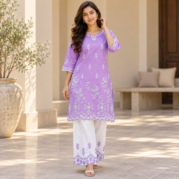 Lavender embroidered two-piece dress for women with white trousers Lavender embroidered two-piece dress for women with white trousers