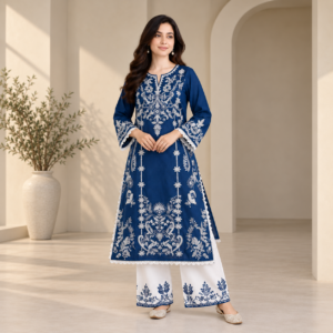 Royal blue embroidered cotton three piece set for women with matching dupatta