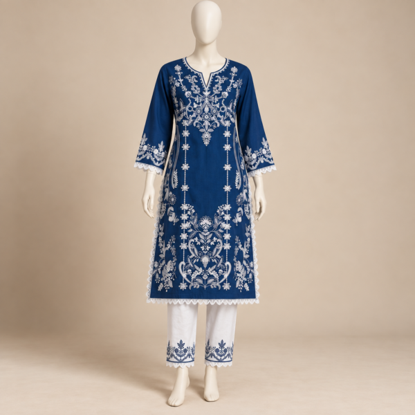 Royal blue embroidered cotton three piece set for women with matching dupatta Royal blue embroidered cotton three piece set for women with matching dupatta