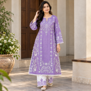 Lavender embroidered co-ord set for women with white trousers