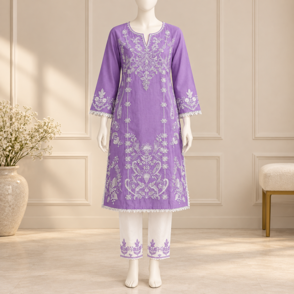 Lavender embroidered co-ord set for women with white trousers Lavender embroidered co-ord set for women with white trousers
