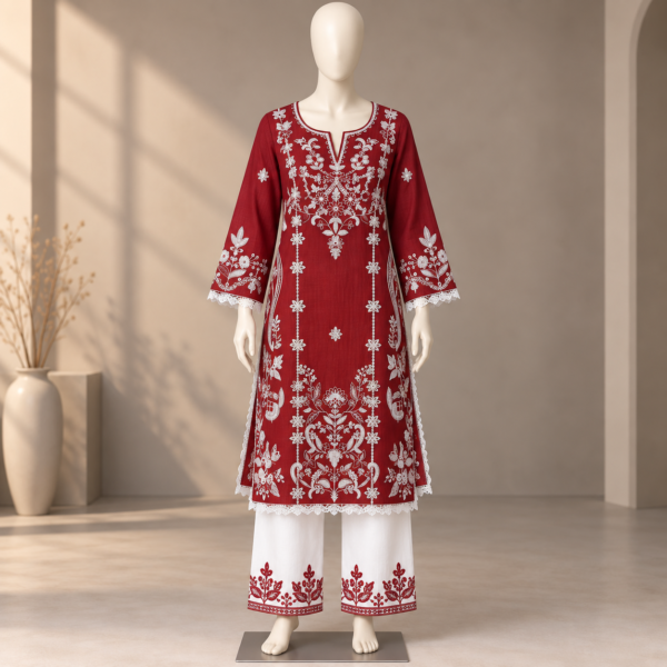 Maroon embroidered kurti trouser set for women with white floral embroidery Maroon embroidered kurti trouser set for women with white floral embroidery