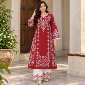 Maroon embroidered kurti trouser set for women with white floral embroidery