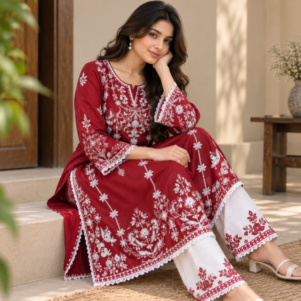 Maroon embroidered kurti trouser set for women with white floral embroidery Maroon embroidered kurti trouser set for women with white floral embroidery