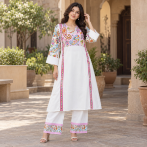 White multicolor printed co-ord set for women with matching trousers