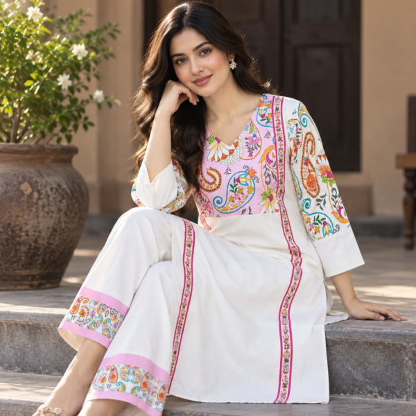 White multicolor printed co-ord set for women with matching trousers White multicolor printed co-ord set for women with matching trousers