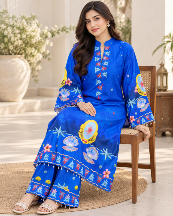 Royal blue ocean print kurti trouser set for women with wide sleeves and matching pants Royal blue ocean print kurti trouser set for women with wide sleeves and matching pants