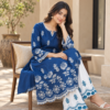 Deep blue embroidered cotton co-ord set for women with white trousers