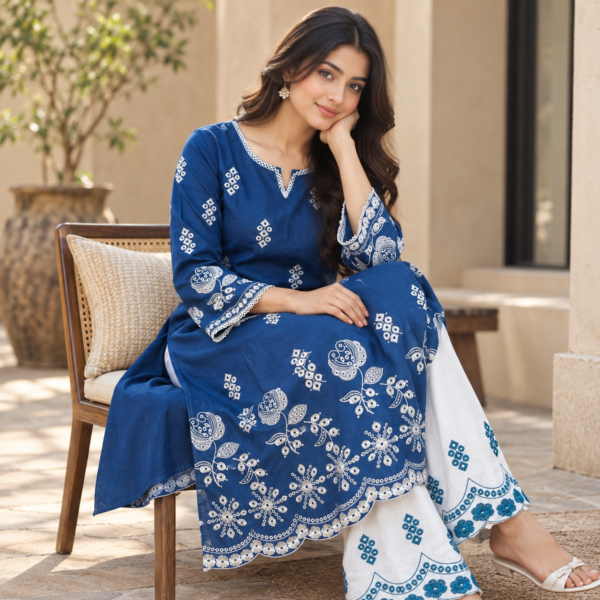 Deep blue embroidered cotton co-ord set for women with white trousers