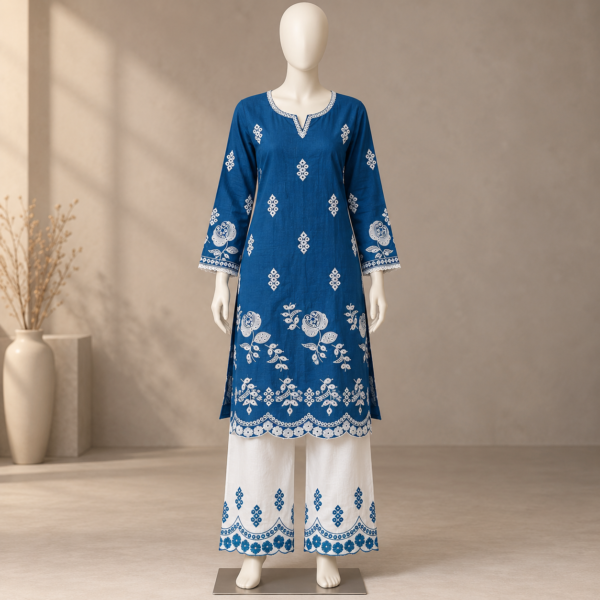 Deep blue embroidered cotton co-ord set for women with white trousers
