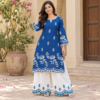 Deep blue embroidered cotton co-ord set for women with white trousers