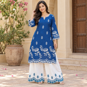Deep blue embroidered cotton co-ord set for women with white trousers Deep blue embroidered cotton co-ord set for women with white trousers