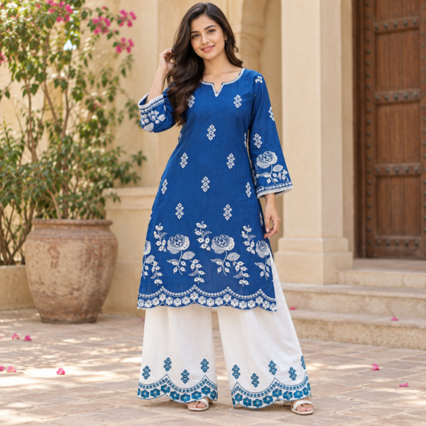 Deep blue embroidered cotton co-ord set for women with white trousers