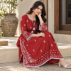 Red embroidered cotton co-ord set for women with matching trousers Red embroidered cotton co-ord set for women with matching trousers