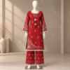 Red embroidered cotton co-ord set for women with matching trousers Red embroidered cotton co-ord set for women with matching trousers