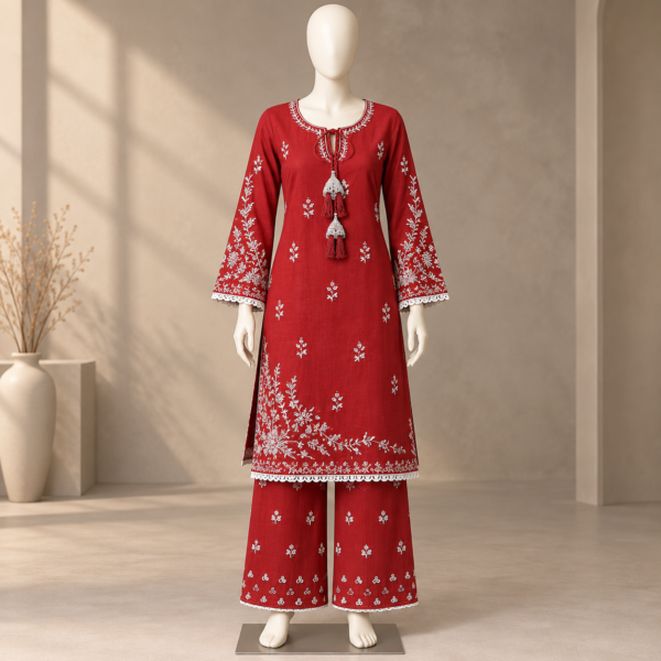 Red embroidered cotton co-ord set for women with matching trousers Red embroidered cotton co-ord set for women with matching trousers