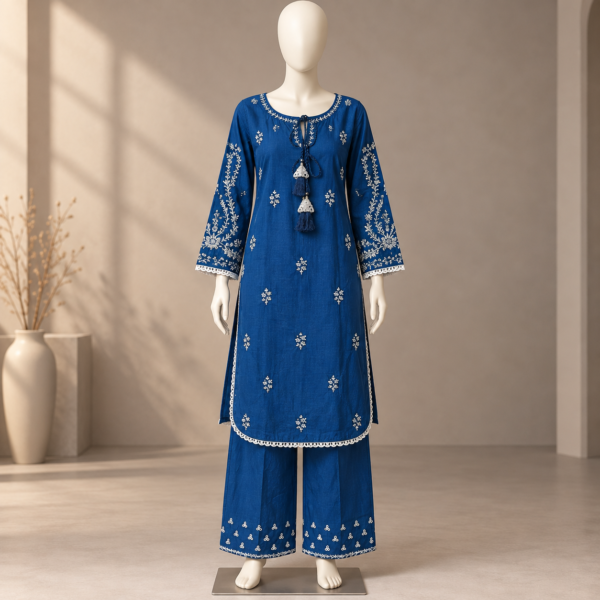 Royal blue embroidered cotton co-ord set for women with matching trousers Royal blue embroidered cotton co-ord set for women with matching trousers