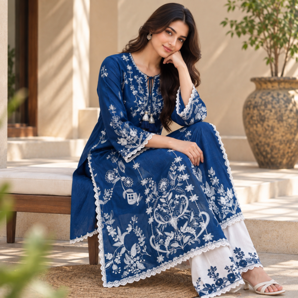 Royal blue embroidered cotton three piece set for women with matching dupatta Royal blue embroidered cotton three piece set for women with matching dupatta