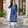 Royal blue embroidered cotton three piece set for women with matching dupatta Royal blue embroidered cotton three piece set for women with matching dupatta