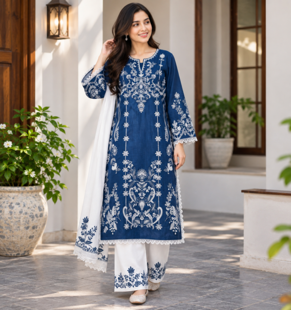 Royal blue embroidered cotton three piece set for women with matching dupatta Royal blue embroidered cotton three piece set for women with matching dupatta